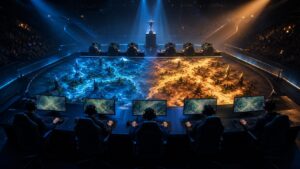 Редакционная иллюстрация финала командного MOBA-турнира в киберспортивной арене
