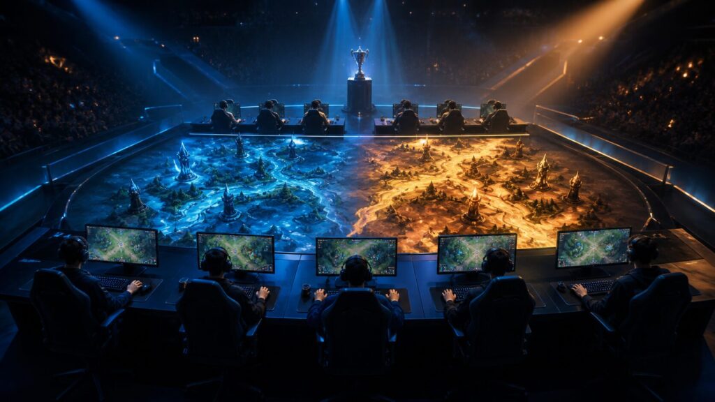 Editorial illustration of a team MOBA tournament final in an esports arena