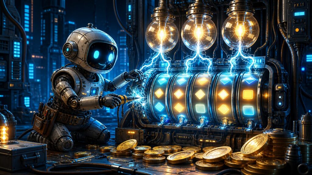 Editorial illustration of a robot electrician beside six reels and three glowing bulbs
